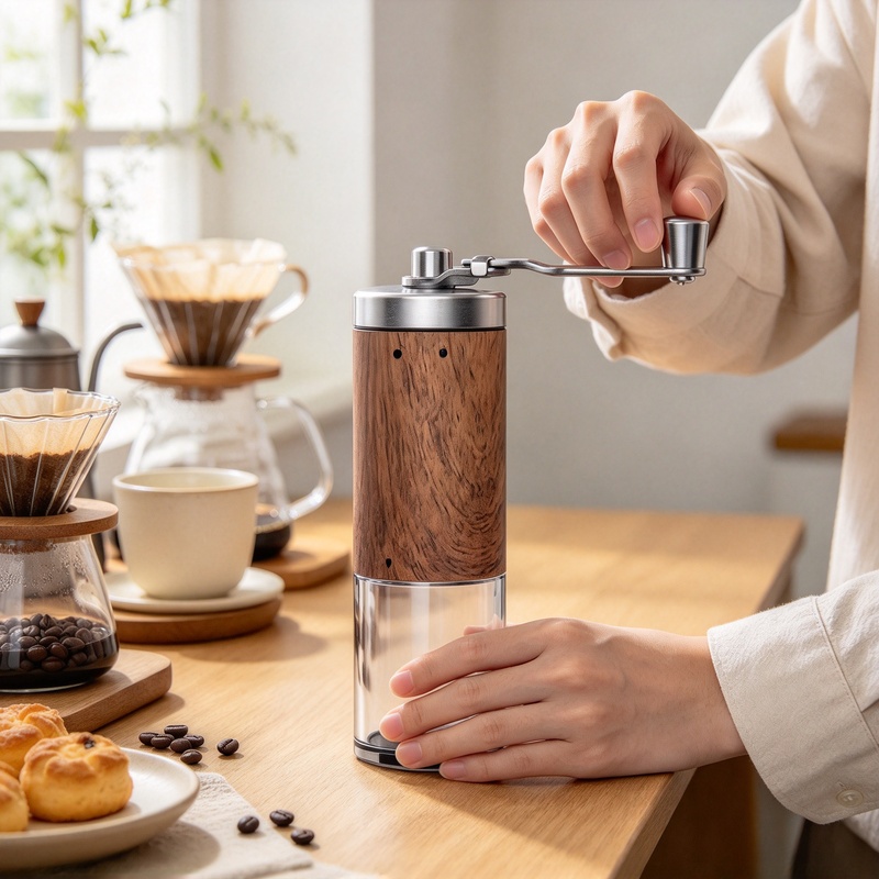 Grain Mill Grinder Hand Crank - 携帯用ハンドクランク式コーヒー豆グラインダー。木目調のデザインで、ステンレス製の刃を備えた手動式ミル。ご家庭のキッチンでコーヒーを淹れるのに最適。