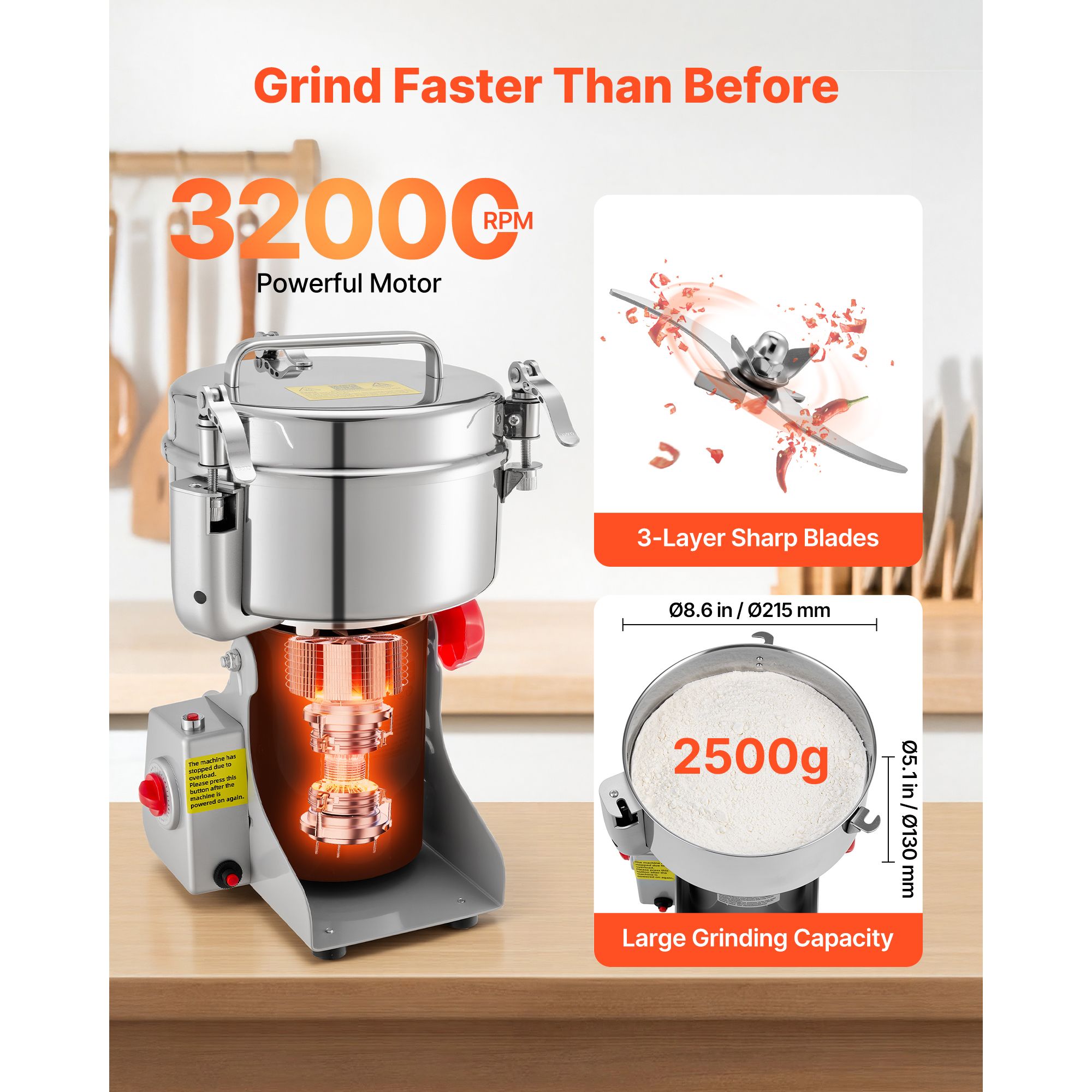 2500g対応の電動穀物粉砕機、3400W、32000RPM - Dry Grain Grinder Stainless Steel のレビューと価格