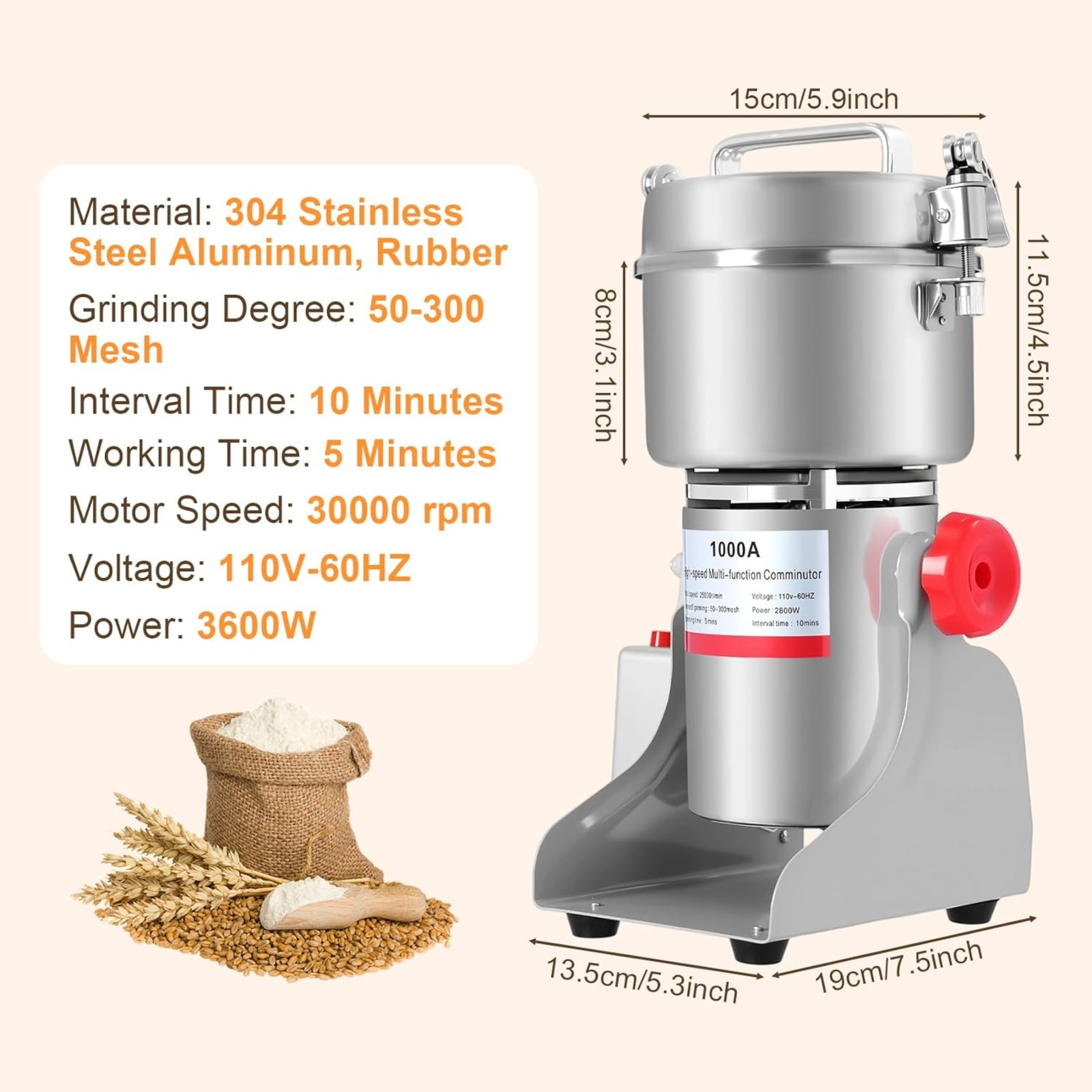 3600W高速業務用電動穀物ミルグラインダー1000g、ステ - Dry Grain Grinder Stainless Steel のレビューと価格