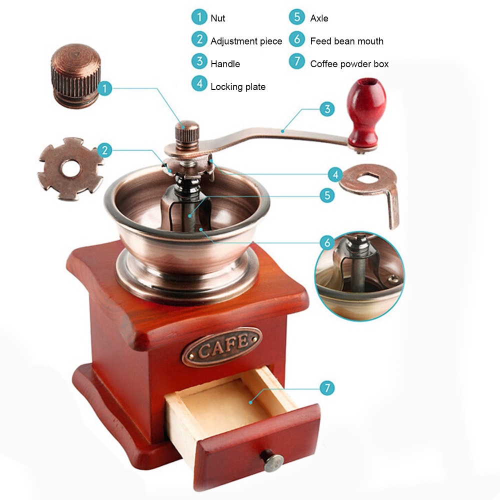 ヴィンテージスタイルの手動式コーヒーミル。引き出し式で、木製 - Grain Mill Grinder Hand Crank のレビューと価格